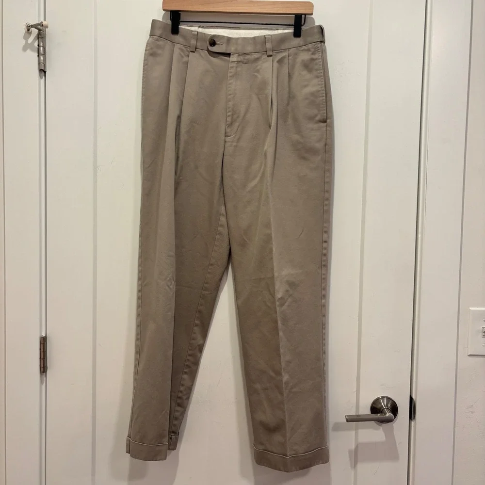 Joseph & Feiss Mens Pleated Chino Pants Tan Khaki Cotton‎ Cuffed Trousers 32x30